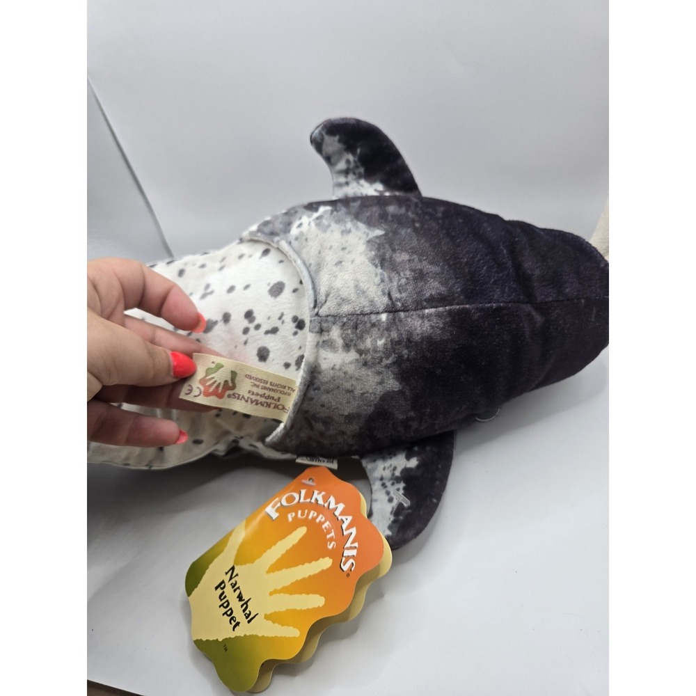 Folkmanis Narwhal Puppet Horned Fish Whale Plush Doll Blue White 22" NWT